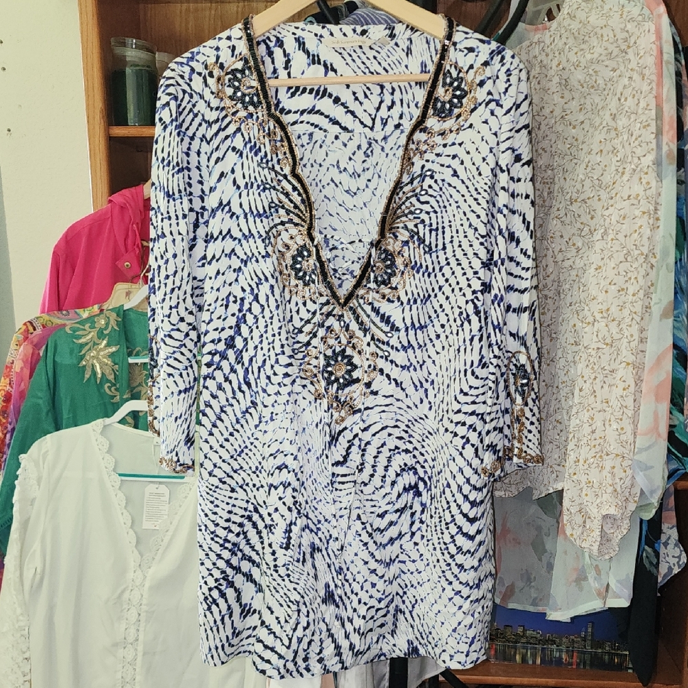 Soft Surroundings Blue, White, & Black w/ Ornate Beading Boho Tunic Blouse Top